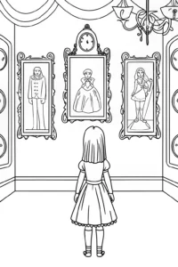 A coloring page of Wednesday Addams in a portrait gallery