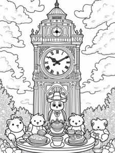 A coloring page of Owl hosting Thanksgiving feast