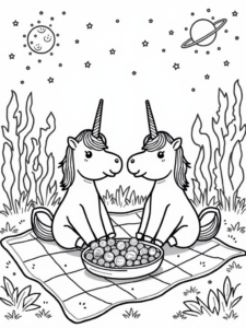 A coloring page of Unicorns enjoying a picnic