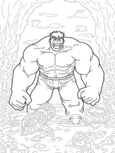 A coloring page of Hulk underwater treasure hunt