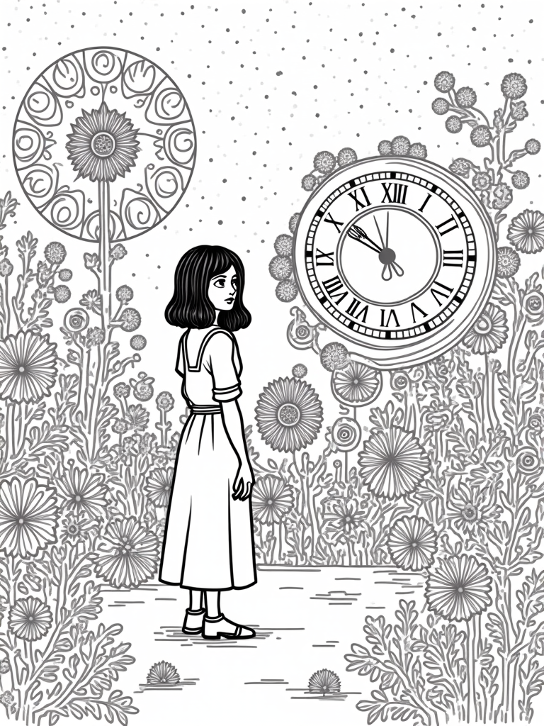 Wednesday Addams in a clockwork garden coloring pages