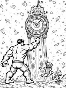 A coloring page of Hulk at the cosmic clock tower