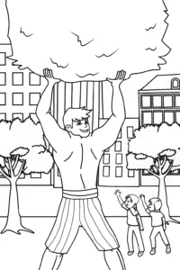 A coloring page of Hulk lifting trash in the city