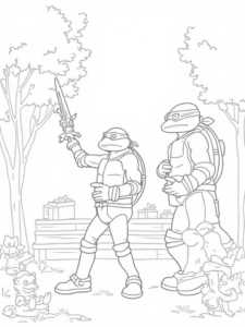 A coloring page of Teenage Mutant Ninja Turtles saving wildlife