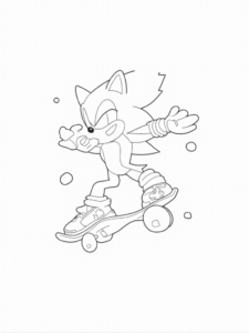 A coloring page of Super Sonic skateboarding in space