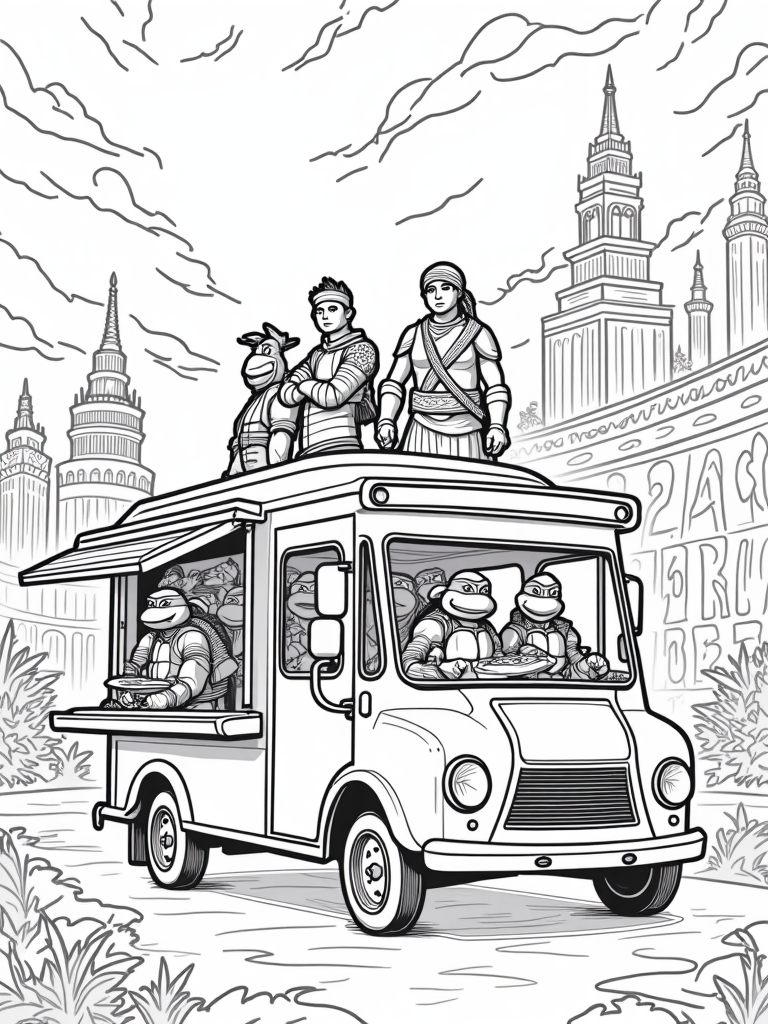 Teenage Mutant Ninja Turtles pizza truck coloring pages
