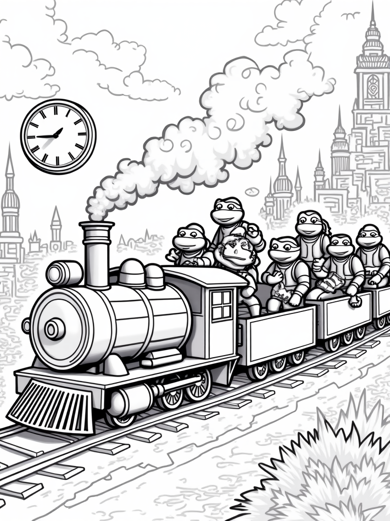 Teenage Mutant Ninja Turtles train adventure coloring pages
