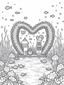 A coloring page of Heart-shaped factory under the sea