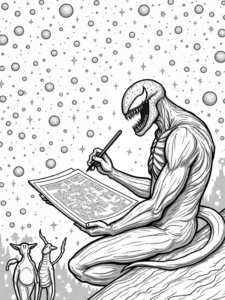 A coloring page of Venom mapping the stars