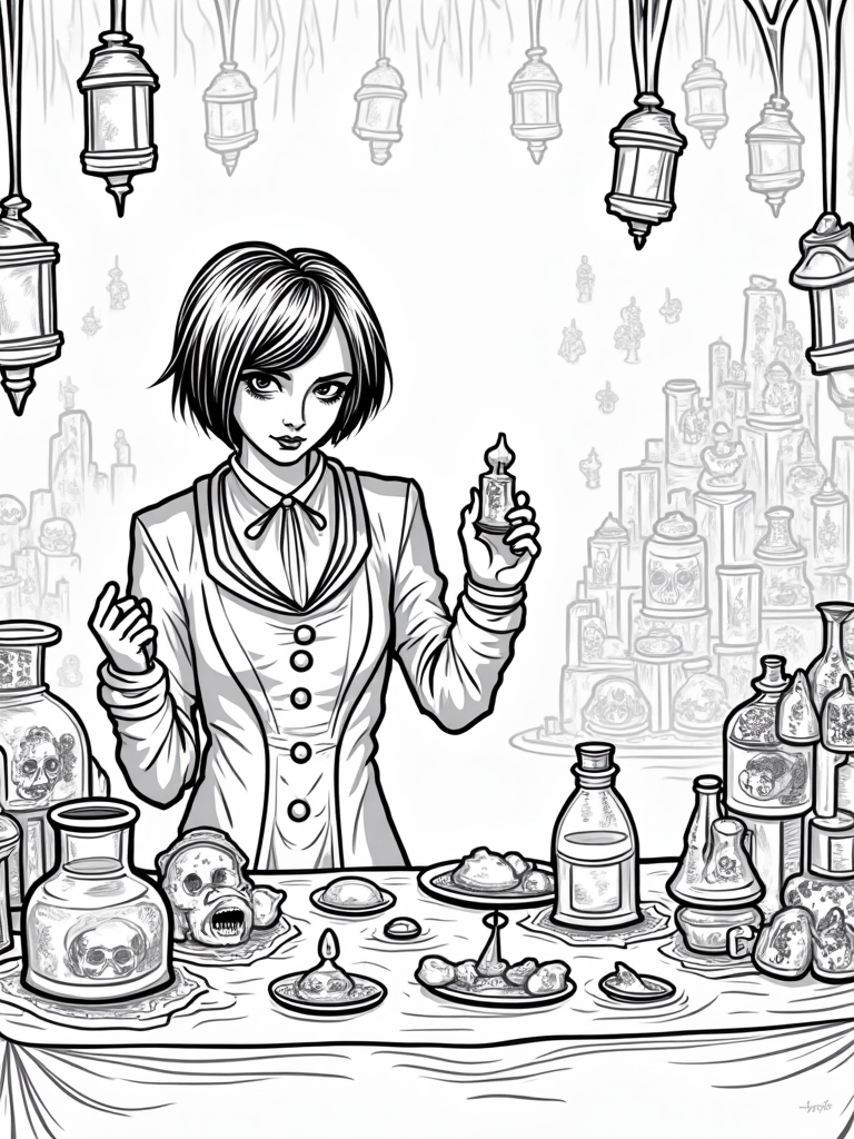 Wednesday Addams in the shadow market coloring pages