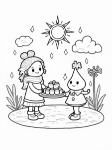 A coloring page of Weather characters Thanksgiving scene