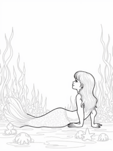 A coloring page of Mermaid stargazer on the ocean floor