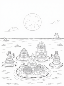 A coloring page of Thanksgiving on the moonlit harbor