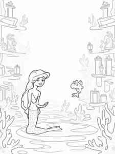 A coloring page of Little mermaid in an ocean library