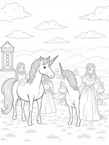 A coloring page of Unicorns at the enchanted festival