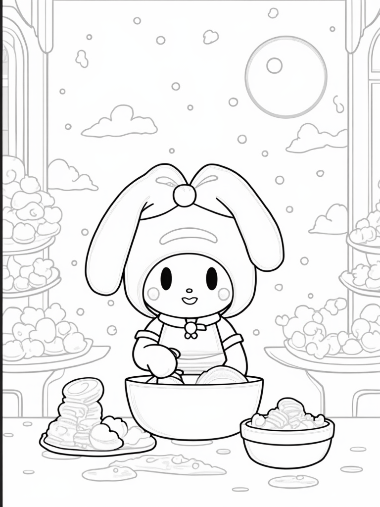 My Melody baking in a magical bakery