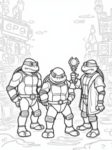 A coloring page of Teenage Mutant Ninja Turtles as scientists