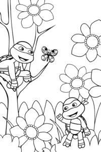 A coloring page of Leonardo climbing a tree