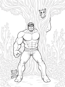 A coloring page of Hulk lifting a giant tree