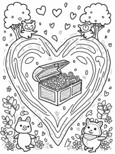 A coloring page of Heart-shaped maze with friends