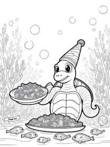 A coloring page of Thanksgiving underwater celebration
