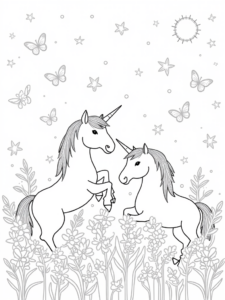 A coloring page of Unicorns in a celestial garden
