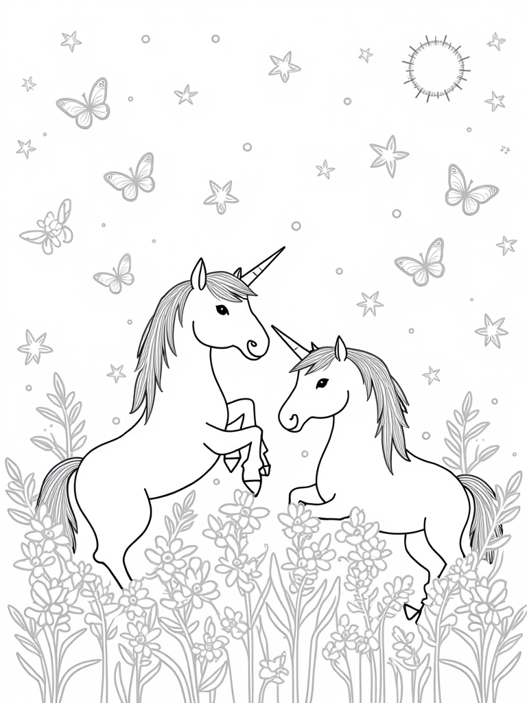 Unicorns in a celestial garden coloring pages
