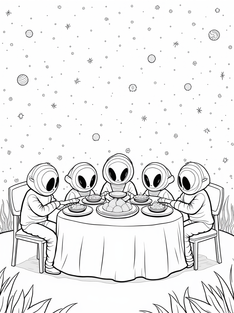Aliens enjoying a cosmic feast coloring pages