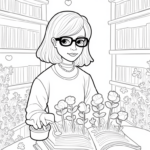 Librarian watering heart flowers