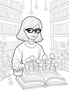 A coloring page of Librarian watering heart flowers