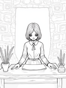 A coloring page of Wednesday Addams at the quill station