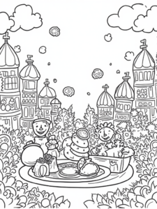 A coloring page of Thanksgiving harvest festival scene