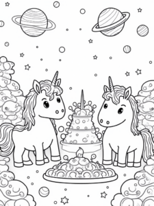 A coloring page of Unicorns in a candy factory