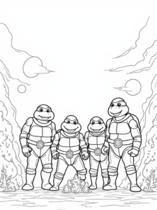 A coloring page of Teenage Mutant Ninja Turtles in space