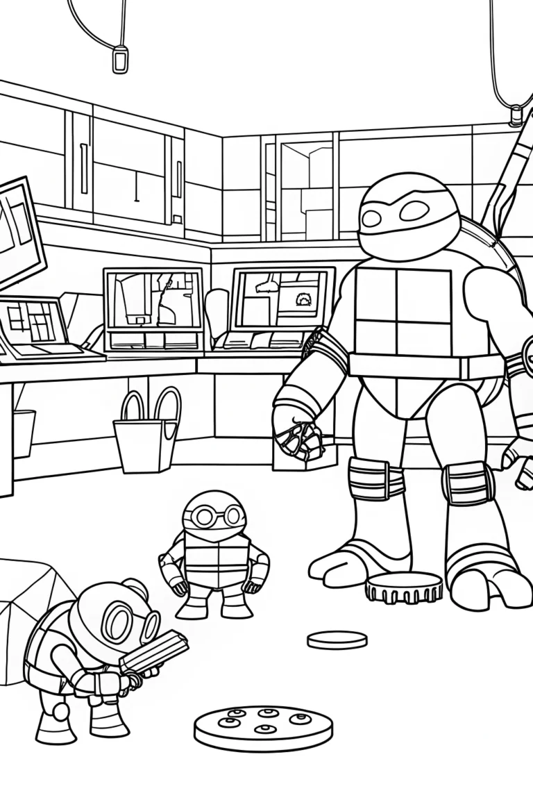 Ninja Turtles in a robotics lab coloring pages