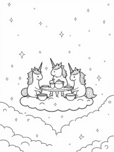 A coloring page of Unicorns having a tea party