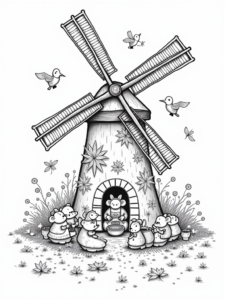 A coloring page of Thanksgiving in the whimsical windmill