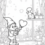 Gnome watering heart-shaped flowers
