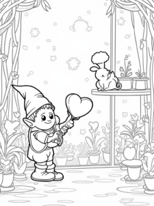 A coloring page of Gnome watering heart-shaped flowers