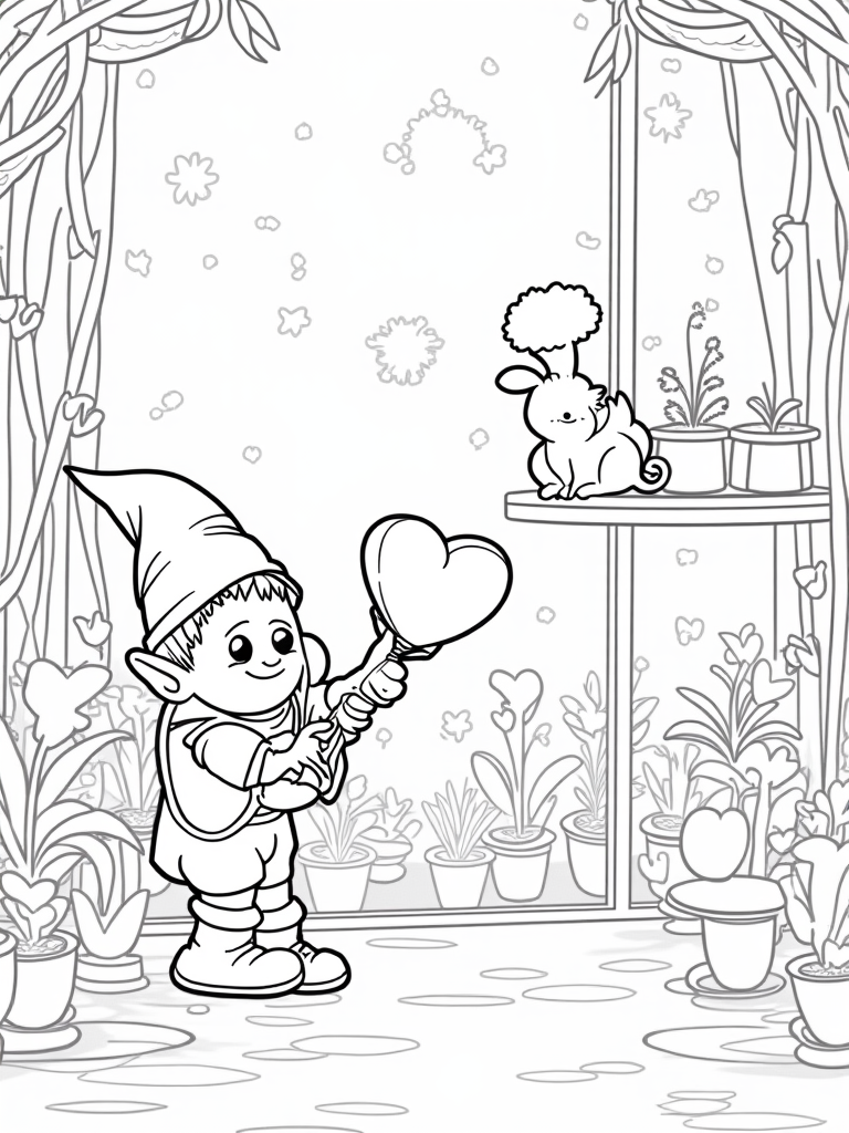 Gnome watering heart-shaped flowers coloring pages