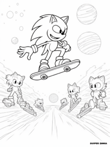 A coloring page of Super Sonic skate park showdown