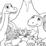 Dinosaurs sharing a Thanksgiving feast