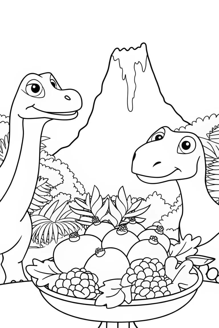 Dinosaurs sharing a Thanksgiving feast coloring pages