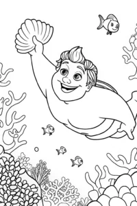 A coloring page of Hulk swimming in the underwater kingdom