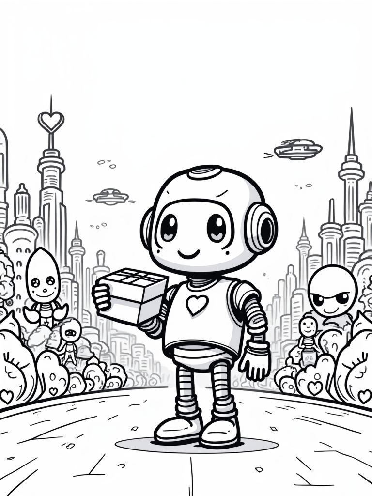 Robot delivering heart-shaped packages coloring pages