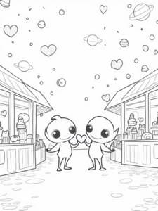 A coloring page of Aliens at the Valentine’s Market