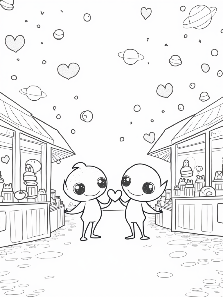 Aliens at the Valentine’s Market coloring pages