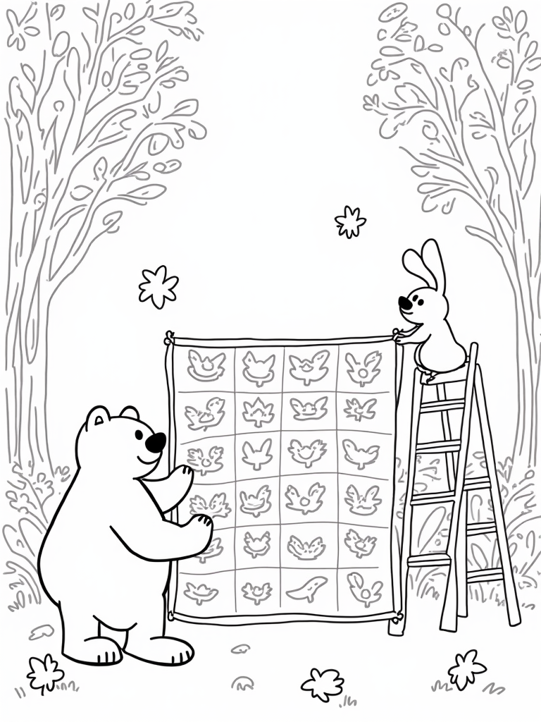 Bear sewing a colorful quilt