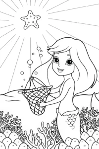 A coloring page of Mermaid exploring a magical reef