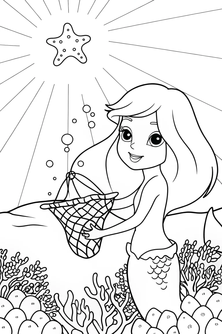 Mermaid exploring a magical reef coloring pages